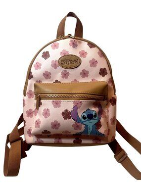 Disney Stitch Pink Mini Backpack With Floral Print & Front Pocket